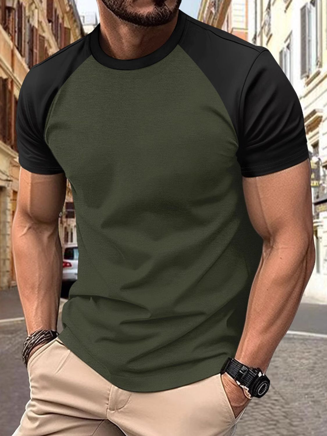 Men's Full Size Round Neck Contrast T-Shirt Plus Size - Clothes For Her Online Store
