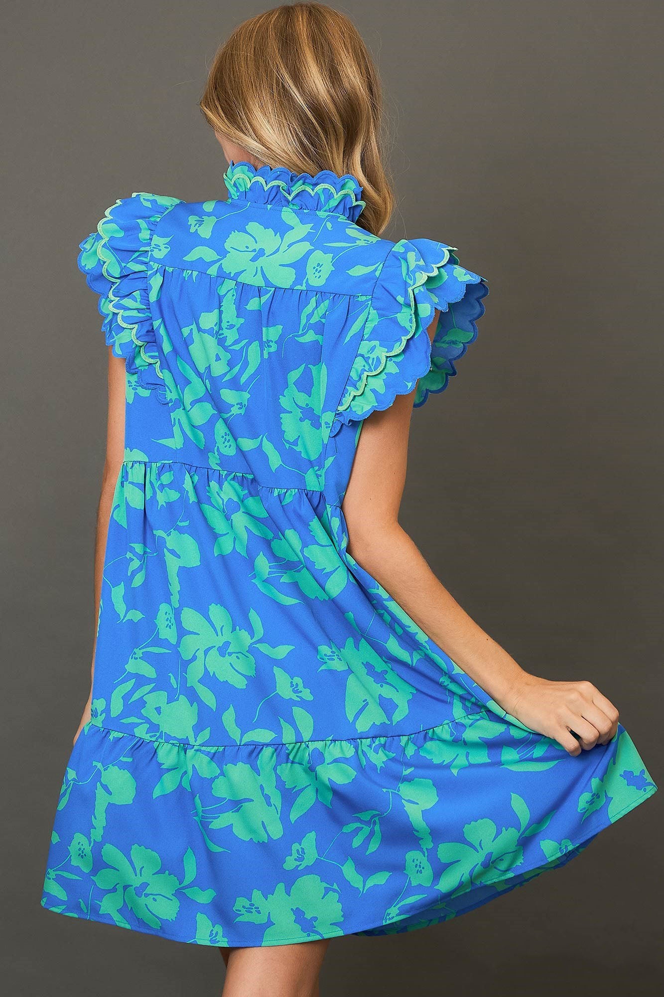 Umgee Full Size Two Tone Floral Print Ruffle Cap Sleeve Mini Dress Plus Size - Clothes For Her Online Store