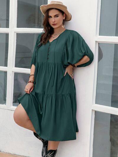 Plus Size Tie Neck Balloon Sleeve Midi Dress