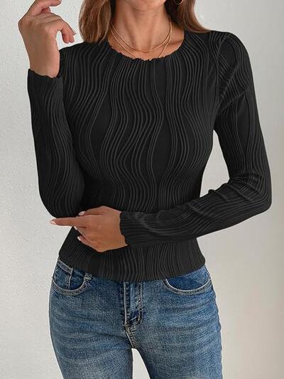 Textured Round Neck Long Sleeve Top