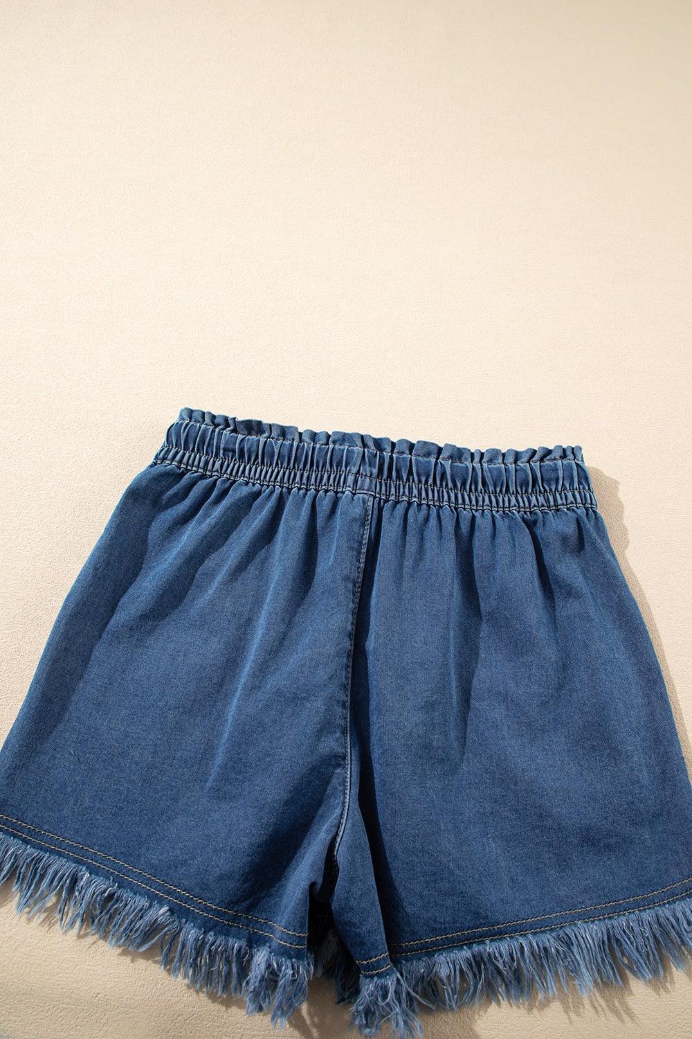 Raw Hem Drawstring High Waist Denim Shorts with Pockets