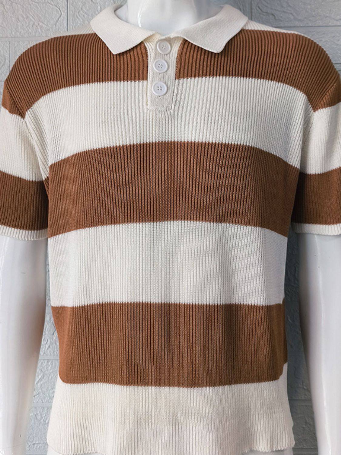 Men's Plus Size Collared Neck Striped Ribbed Knit Polo