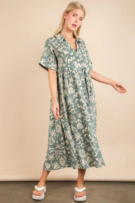 VERY J Oversized Printed Shirt Midi Dress