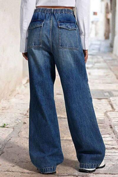 Drawstring Waist Wide Leg Shirred Jeans