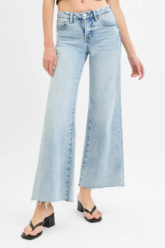 RISEN Full Size Tummy Control Low Rise Wide Leg Raw Cut Hem Jeans Plus Size