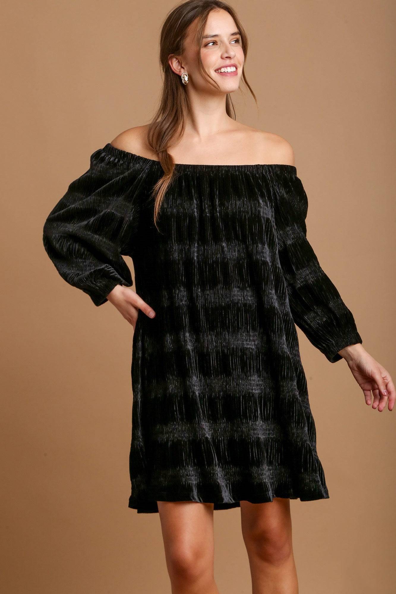 Umgee Off-Shoulder Balloon Sleeve Velvet Mini Dress - Clothes For Her Online Store