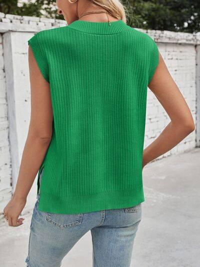 Lovelet Ribbed V-Neck Slit Sweater Vest