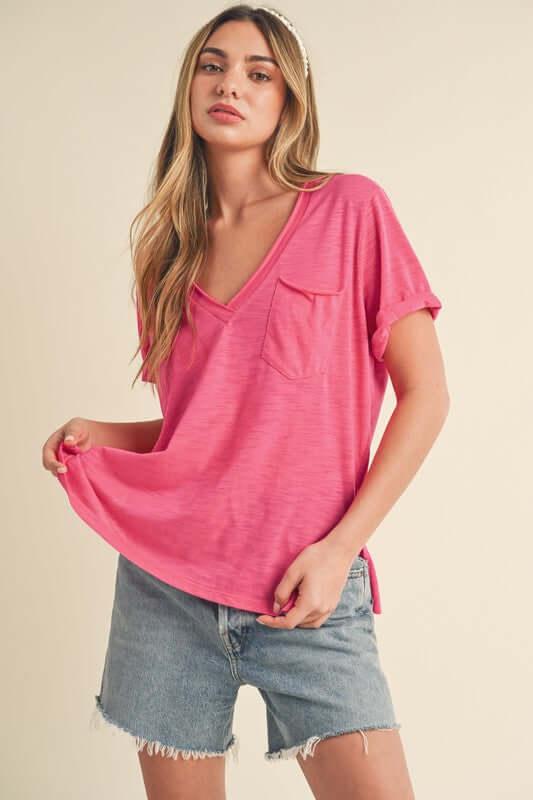 Aemi + Co Side Slit V-Neck Short Rolled Sleeve T-Shirt - Clothes For Her Online Store