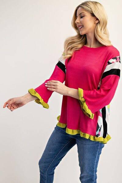 Celeste Full Size Ruffle Sleeve Color Block Top Plus Size