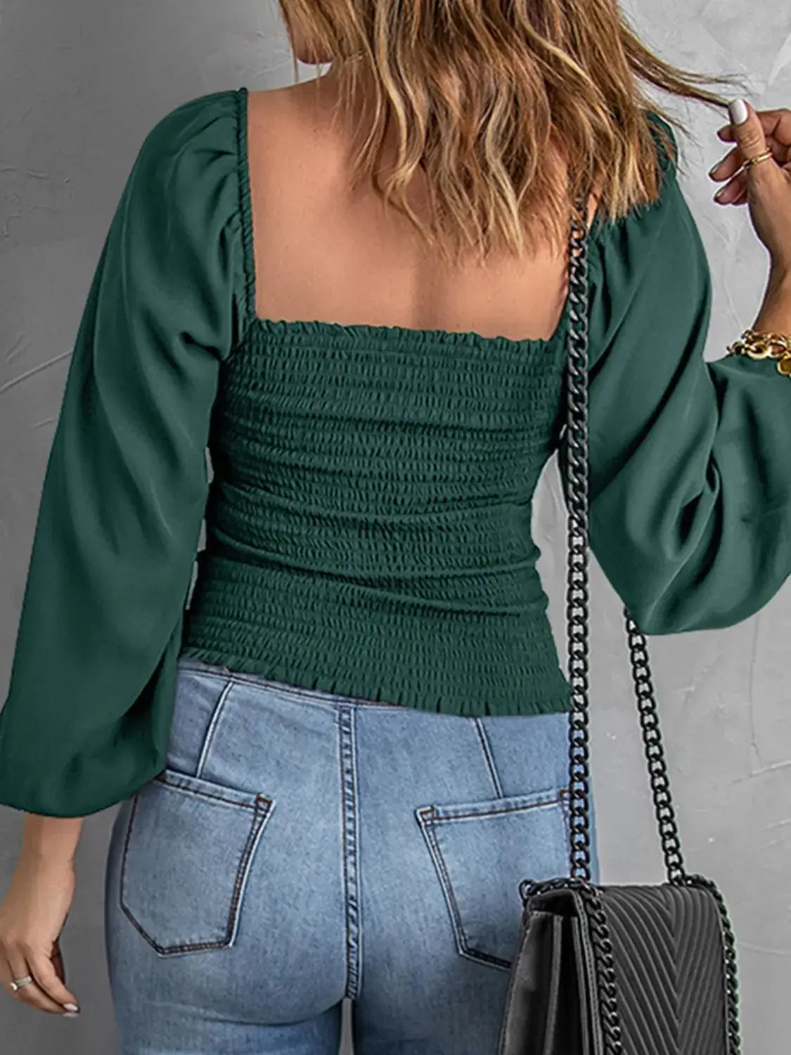 Smocked Square Neck Balloon Sleeve Blouse