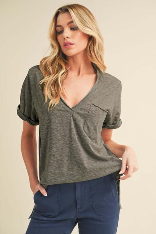 Aemi + Co Side Slit V-Neck Short Rolled Sleeve T-Shirt