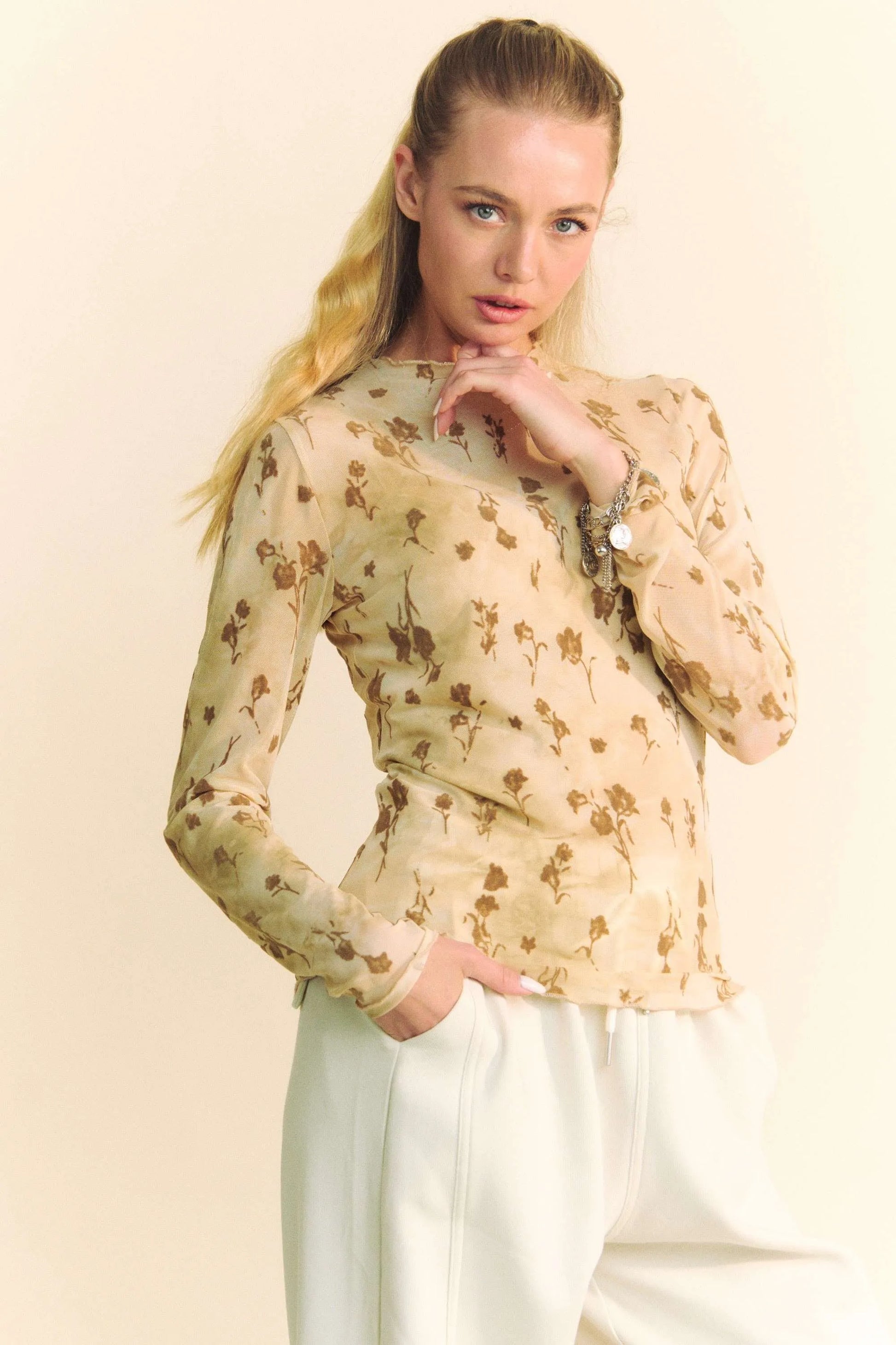 Davi & Dani Floral Mesh Long Sleeve Sheer Layering Top