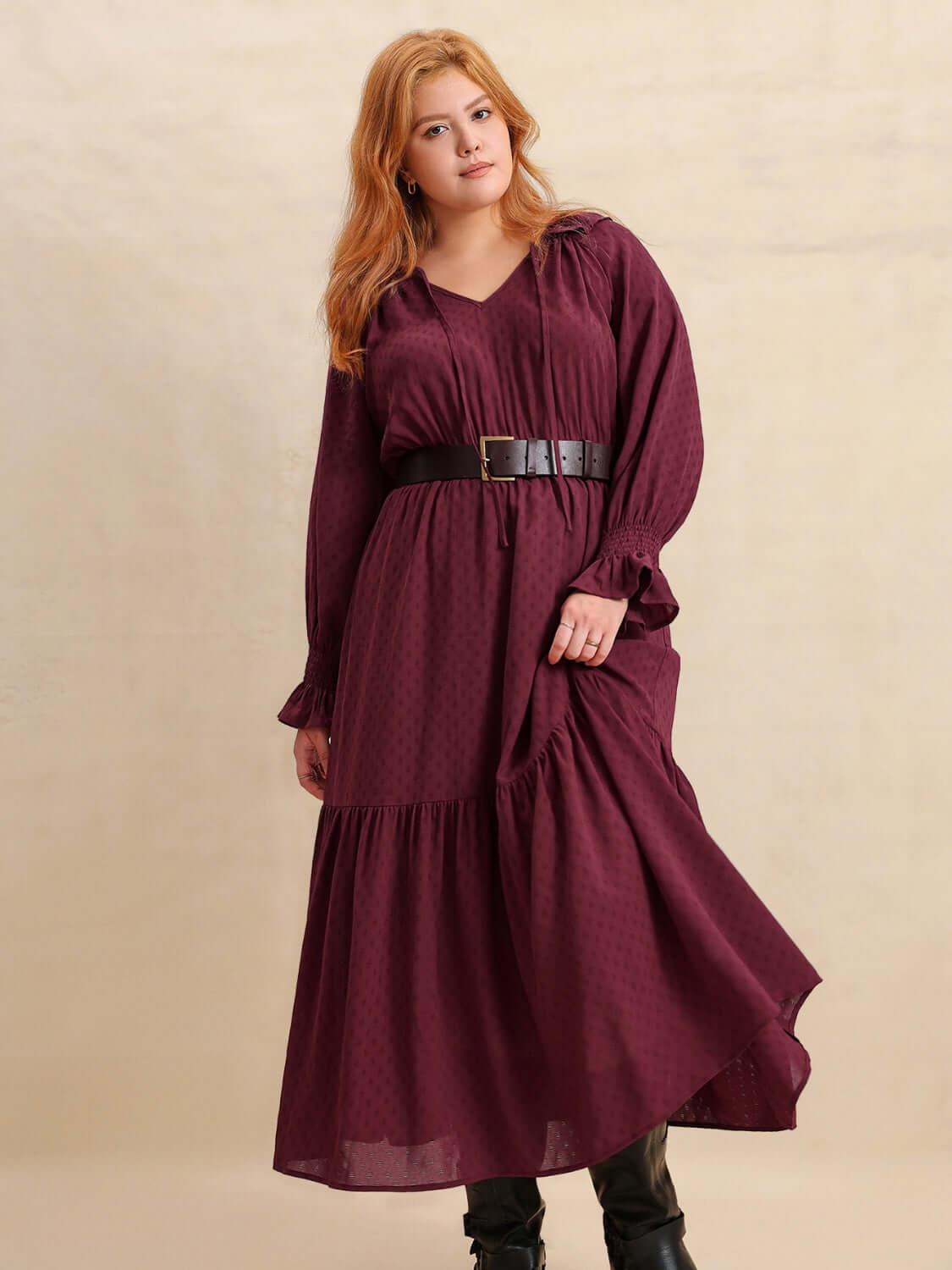 Plus Size Swiss Dot Tie Neck Flounce Sleeve Maxi Dress