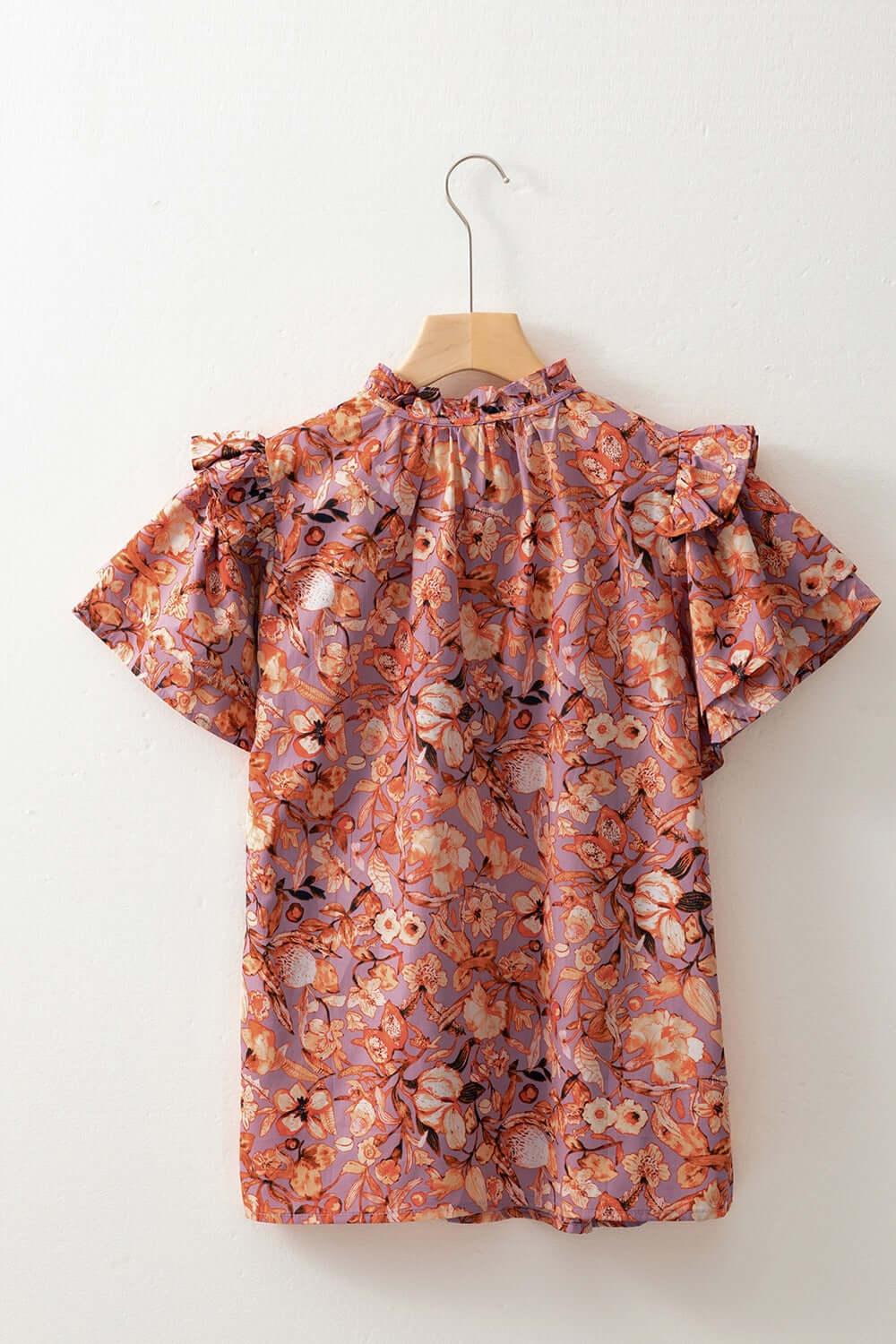 Floral Ruffled Layered Short Sleeve Tie Neck Blouse