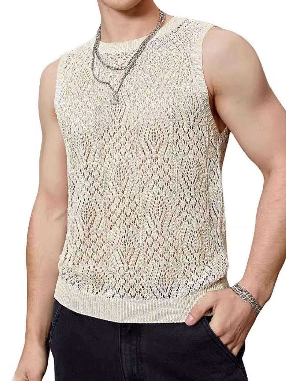 Men's Openwork Round Neck Tank - Clothes For Her Online Store