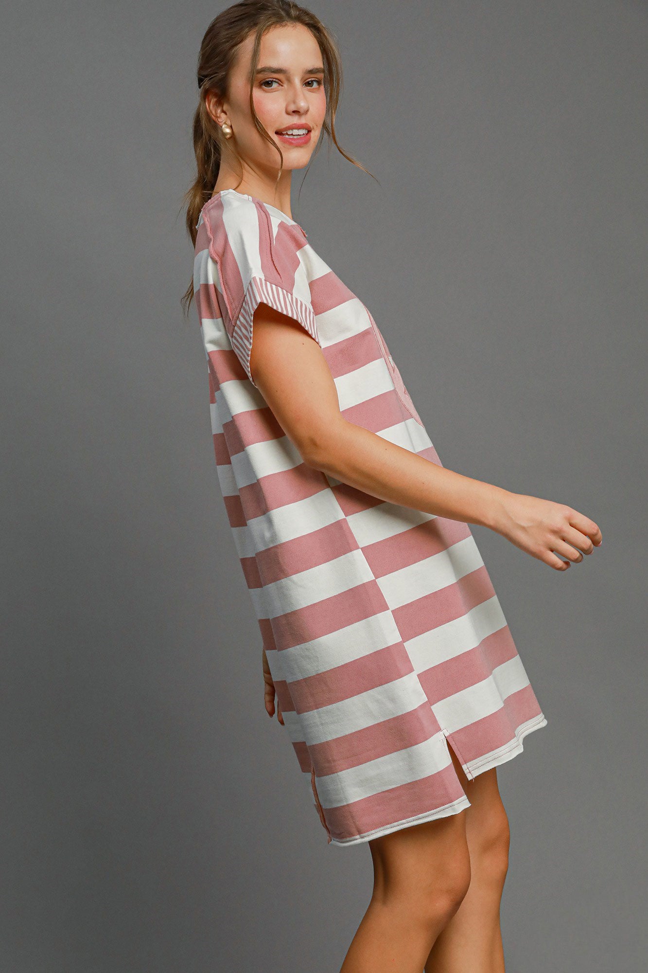 Umgee Peace Applique Striped Short Sleeve Mini Dress - Clothes For Her Online Store