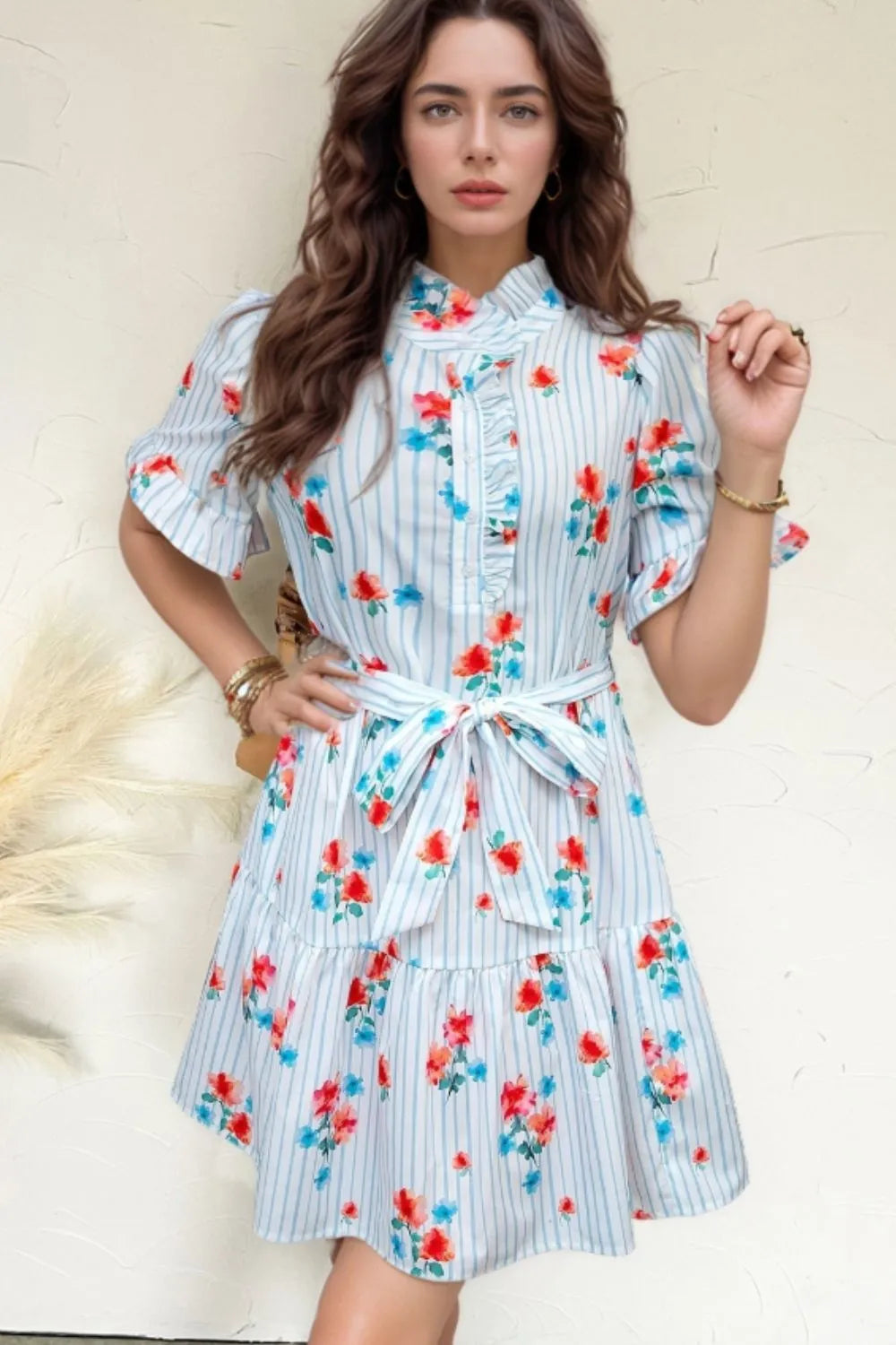 Stripe Floral Pattern Ruffle Short Sleeve Belted Mini Dress
