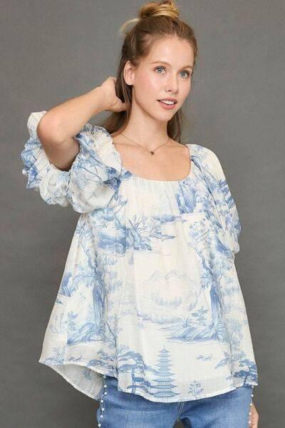 Umgee Full Size Two Tone Toile Print Top Plus Size