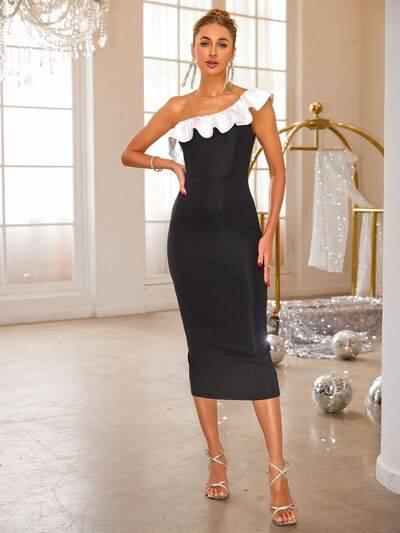 Slit Contrast Single Shoulder Midi Dress