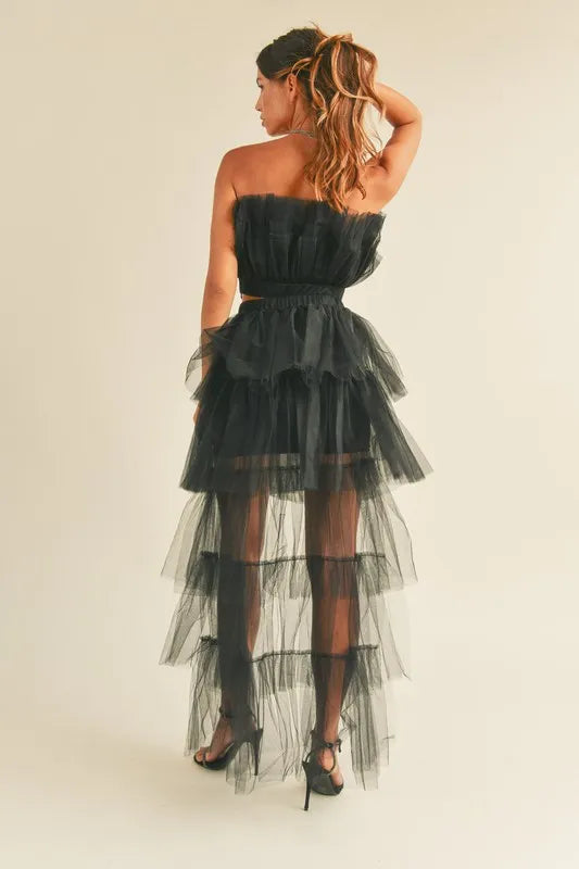 MABLE Tulle Tube Ruffle Crop Top and High Low Maxi Skirt Set - Clothes For Her Online Store