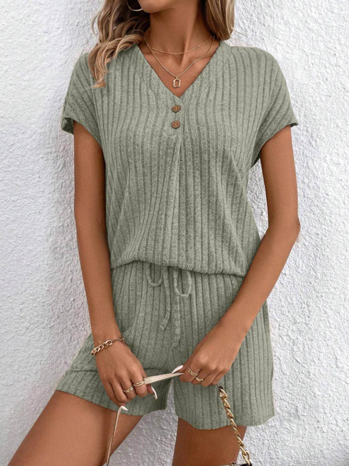Ribbed V-Neck Top and Shorts Set - Clothes For Her Online Store