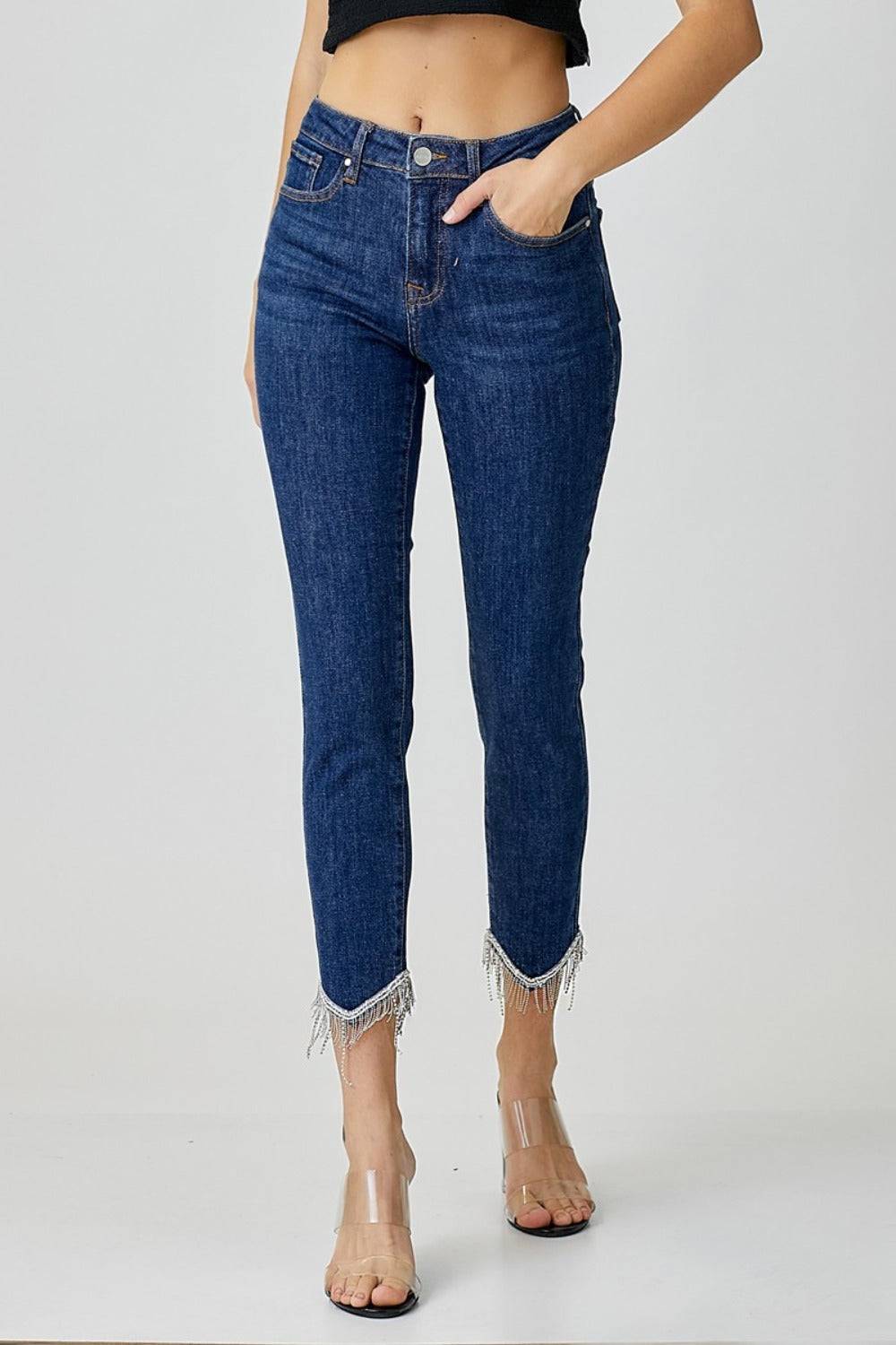 RISEN Full Size Embellished Mid Rise Crop Skinny Jeans - Clothes For Her Online Store
