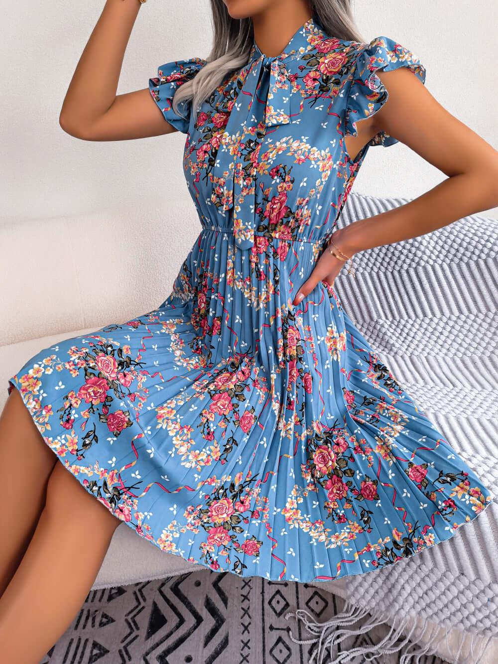 Pleated Floral Printed Tie Neck Knee Length Dress - Clothes For Her Online Store