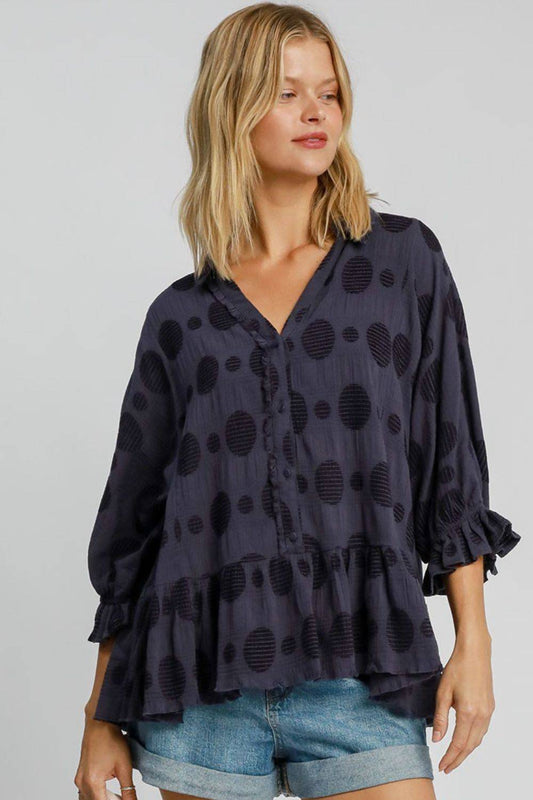 Umgee Full Size Swiss Dot Half Button Flounce Sleeve Blouse Plus Size - Clothes For Her Online Store
