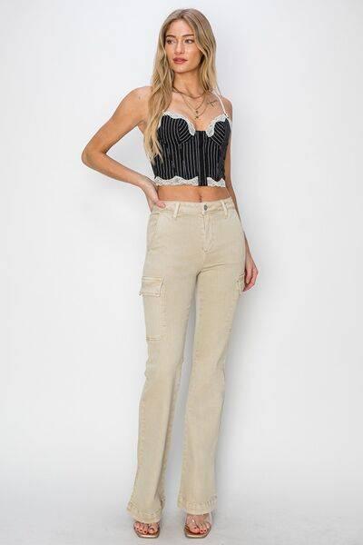 RISEN Full Size High Rise Side Slit Cargo Bootcut Jeans - Clothes For Her Online Store