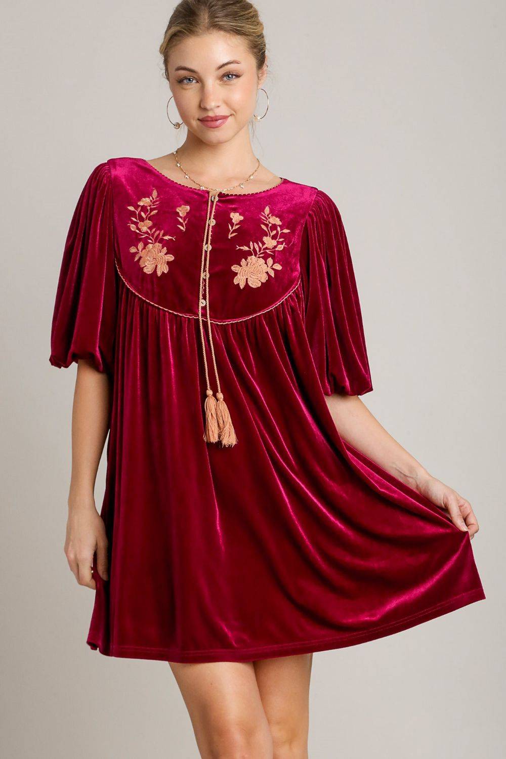 Umgee Embroidered Half Sleeve Velvet Mini Dress with Tassel - Clothes For Her Online Store