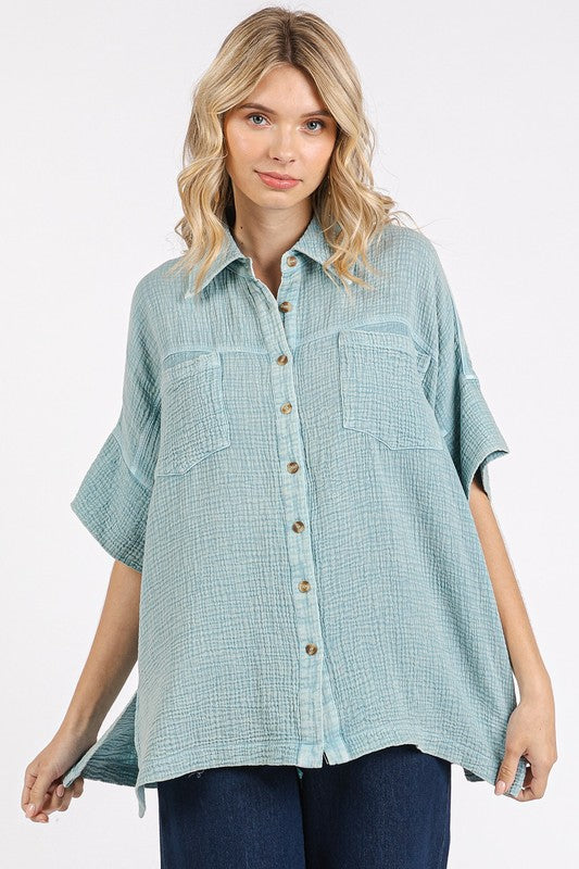 Mittoshop Mineral Wash Gauze Oversized Short Sleeve Shirt - Clothes For Her Online Store