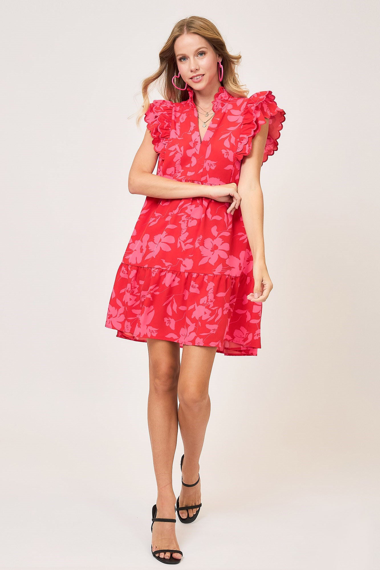 Umgee Full Size Two Tone Floral Print Ruffle Cap Sleeve Mini Dress Plus Size - Clothes For Her Online Store