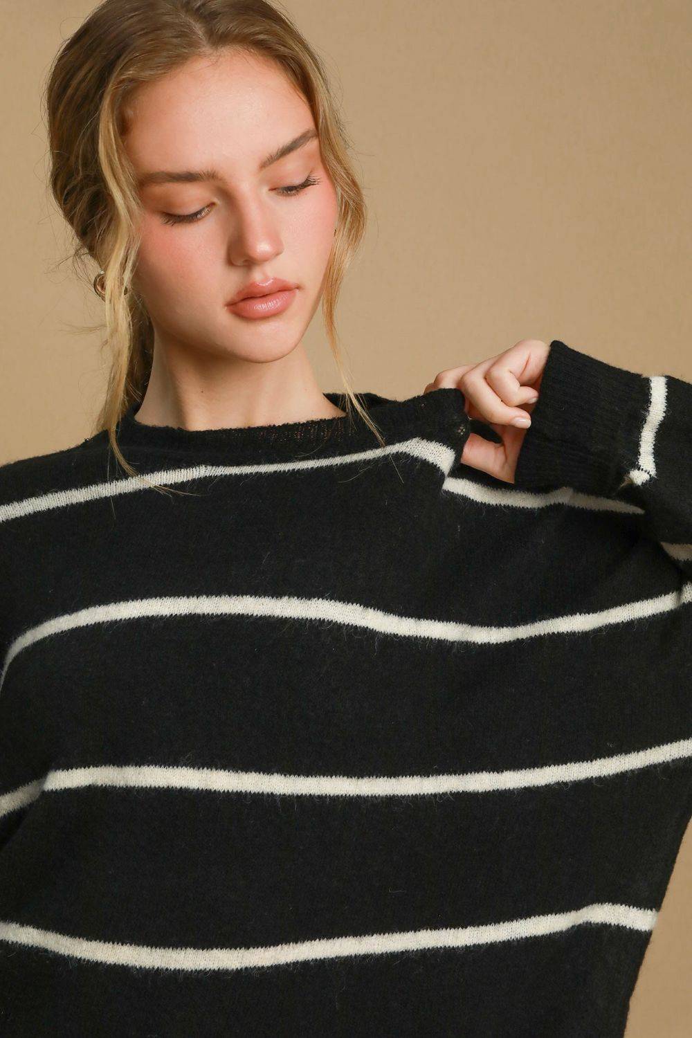 Umgee Wool Blend Striped Round Neck Sweater - Clothes For Her Online Store