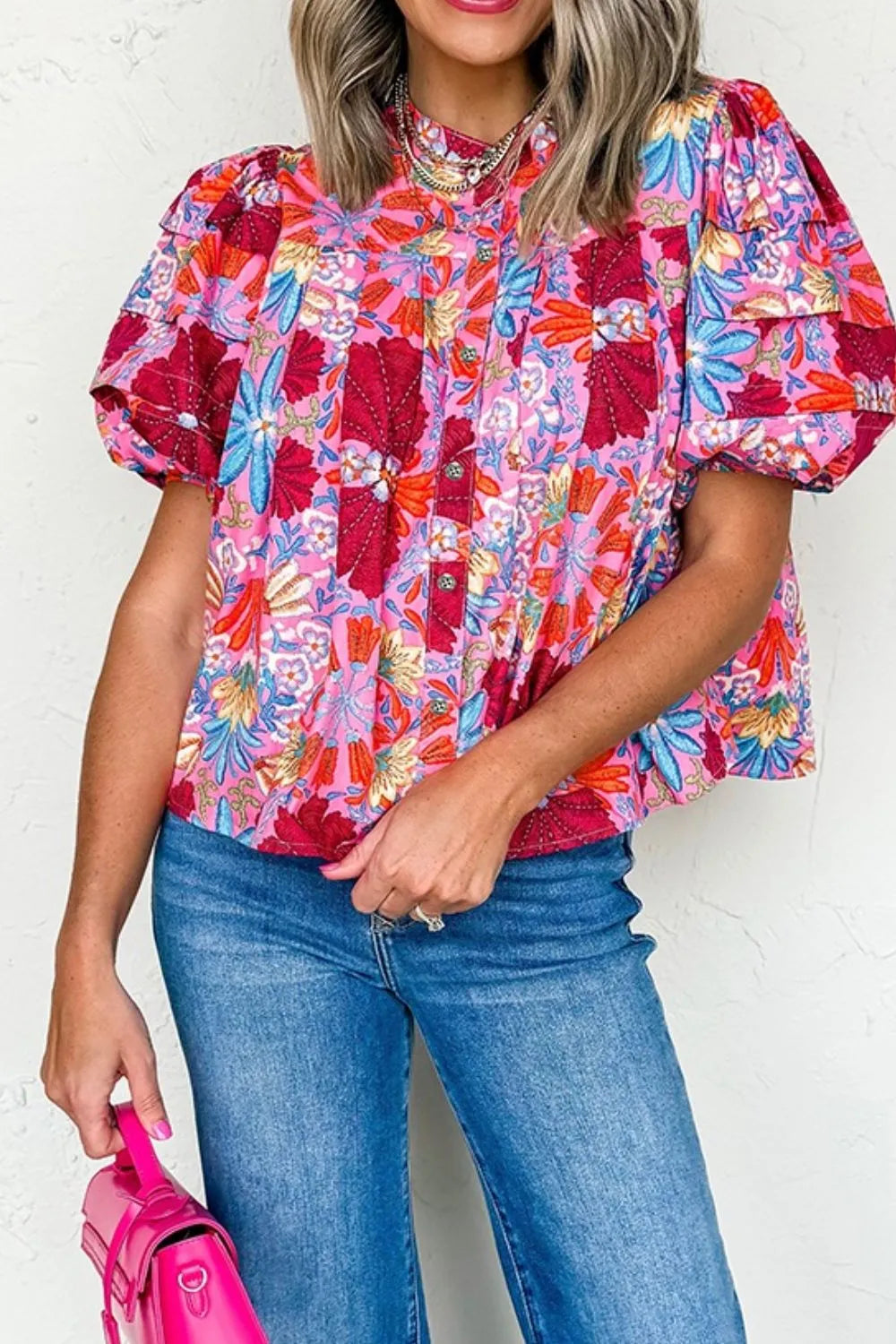 Floral Puff Sleeve Button-Up Top
