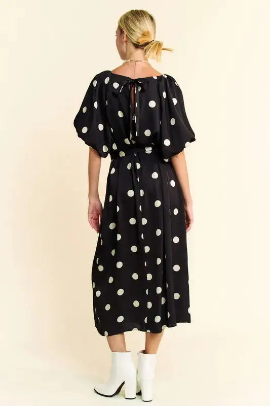 Davi & Dani Polka Dot Puff Sleeves Waist Tie Midi Dress - Clothes For Her Online Store