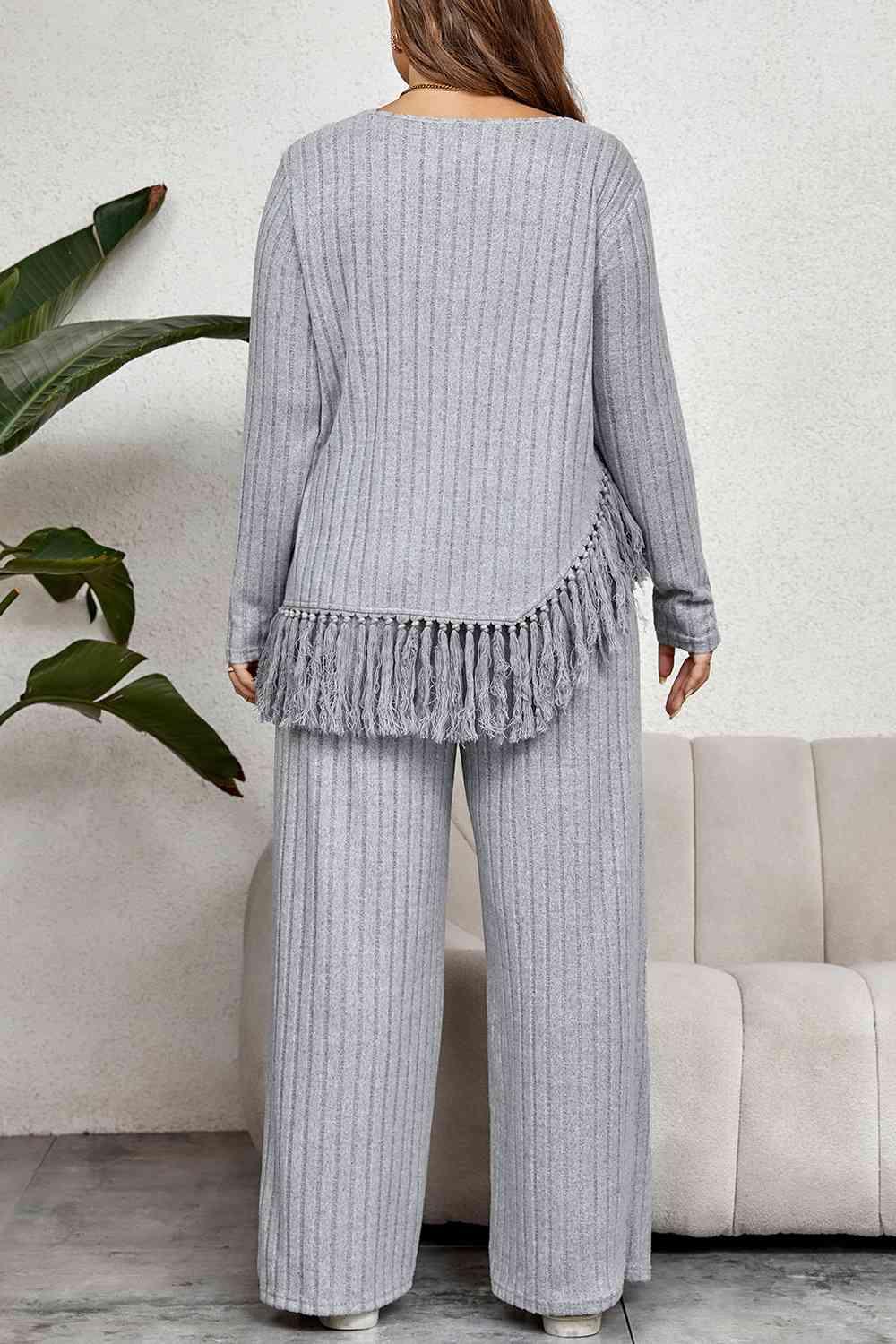 Honey Plus Size Tassel Hem Top and Pants Set - Clothes For Her Online Store