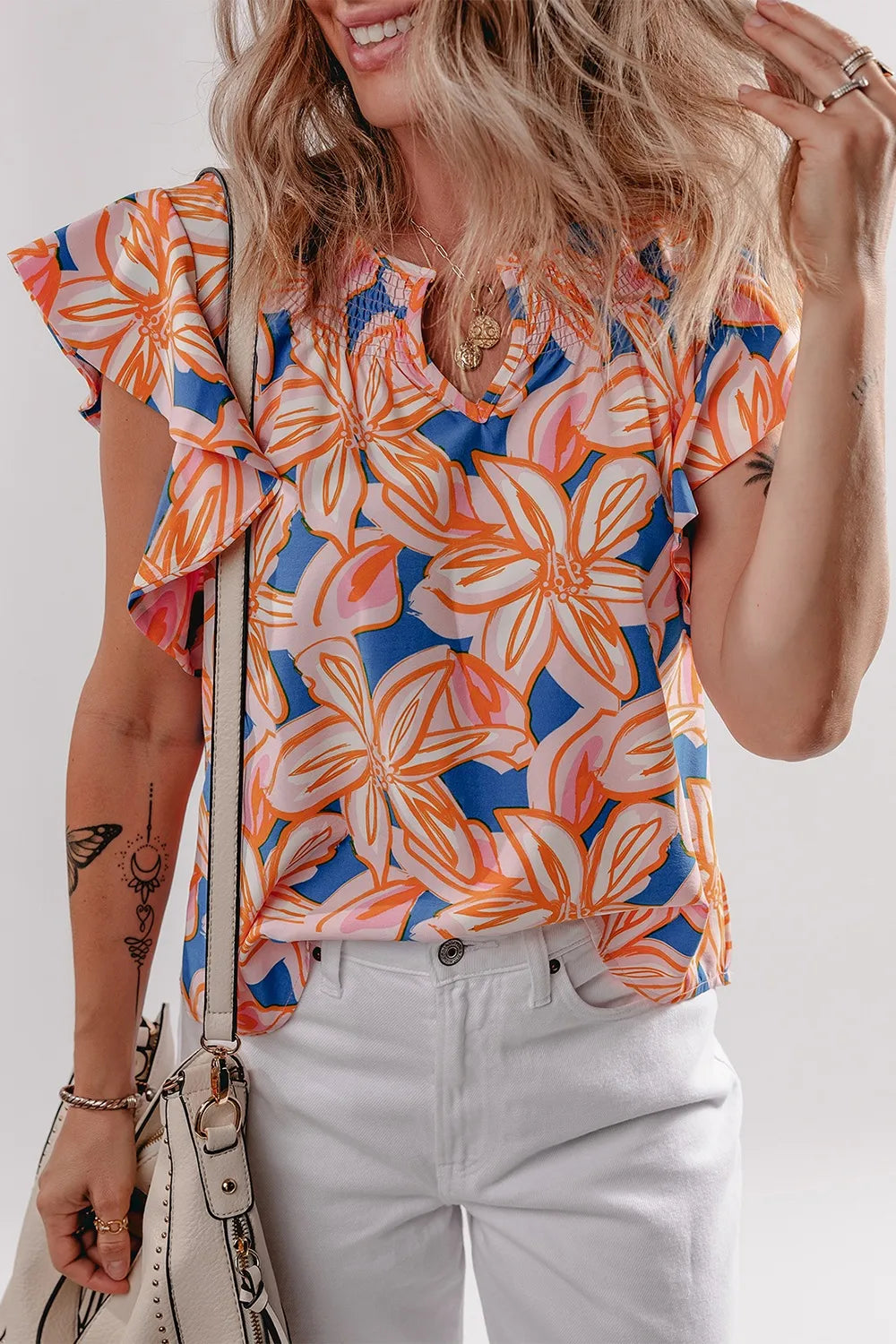 Flower Print Notched Neck Ruffle Sleeve Blouse