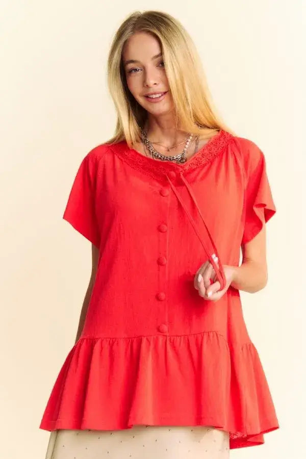Davi & Dani Solid Lace Trim Neck Short Sleeve Peplum Top