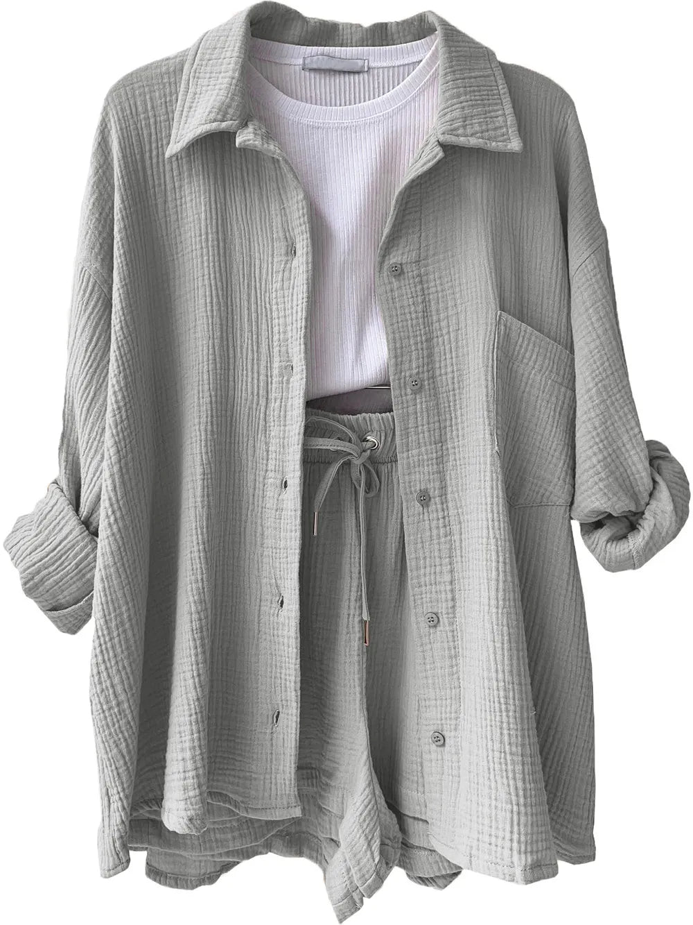 Texture Button Up Shirt and Drawstring Shorts Set - Clothes For Her Online Store