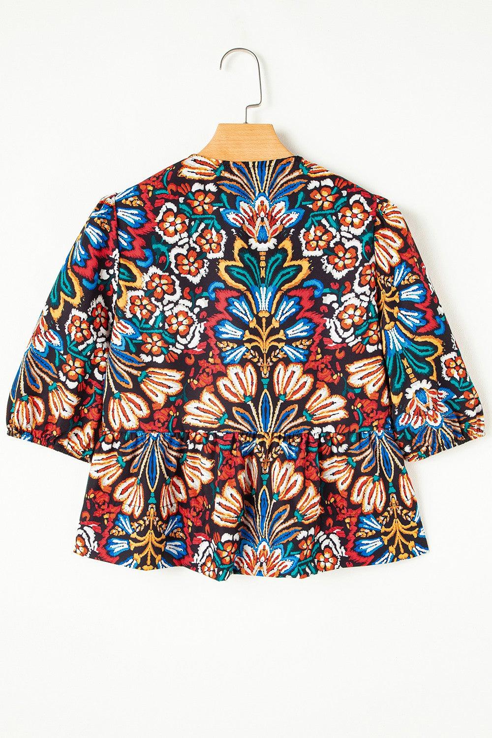 Tropical Print Puff Sleeve Knot Front Blouse