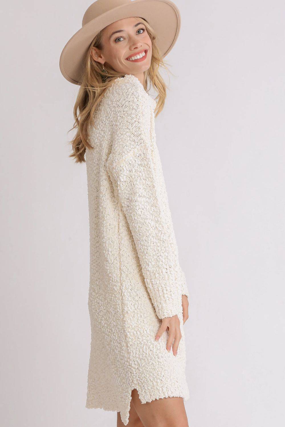 Umgee Full Size High Low Long Sleeve Boucle Sweater Dress Plus Size - Clothes For Her Online Store