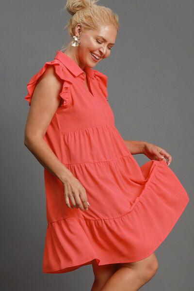 Umgee Full Size Johnny Collar Ruffle Cap Sleeve Tiered Dress Plus Size