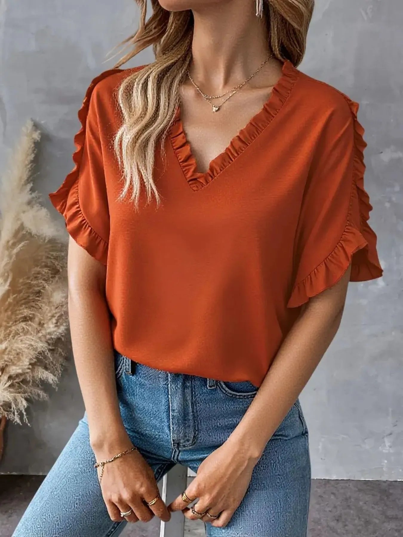 Ruffled V-Neck Short Sleeve Blouse