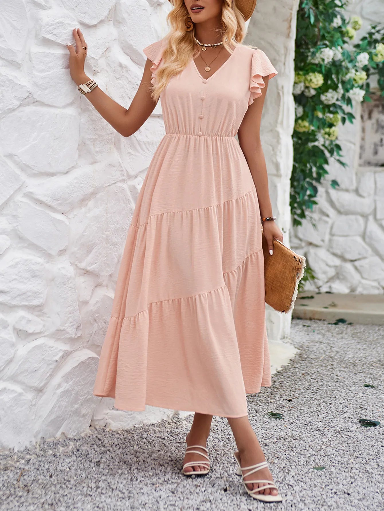 V-Neck Ruffle Sleeve Dress
