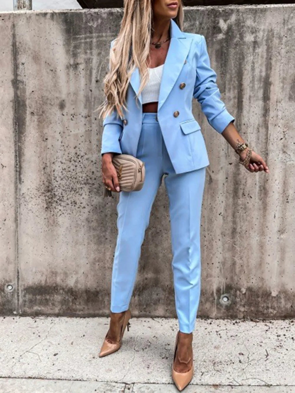 Lapel Collar Long Sleeve Blazer and Pants Set - Clothes For Her Online Store