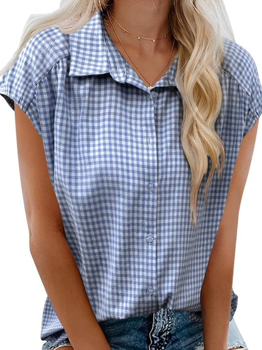 Plaid Button Up Cap Sleeve Shirt