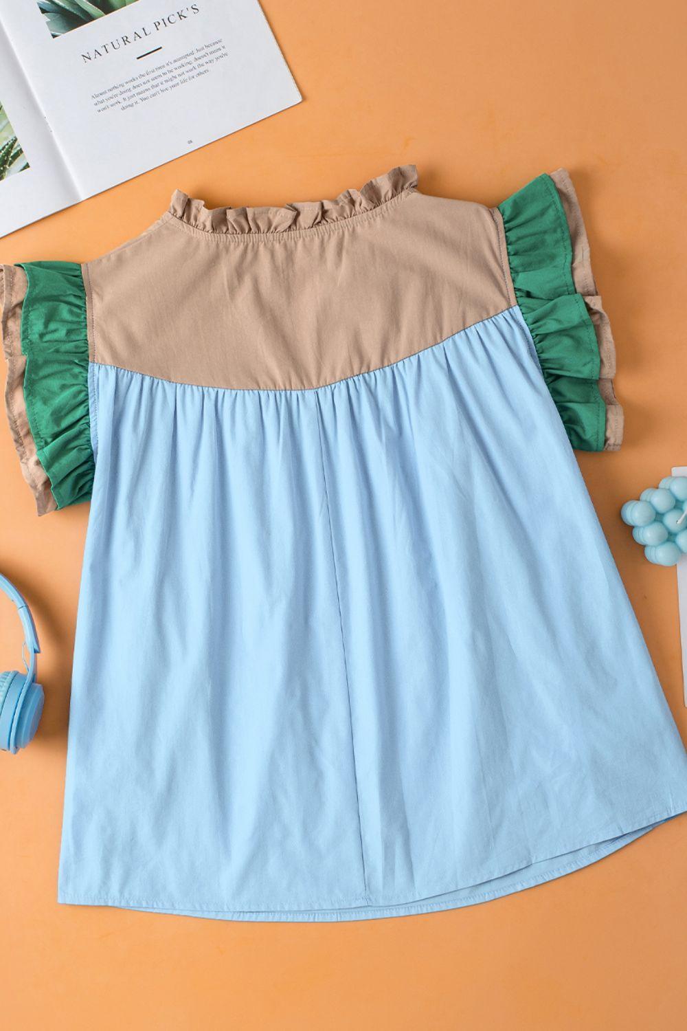 Color Block Notched Ruffled Cap Sleeve Blouse