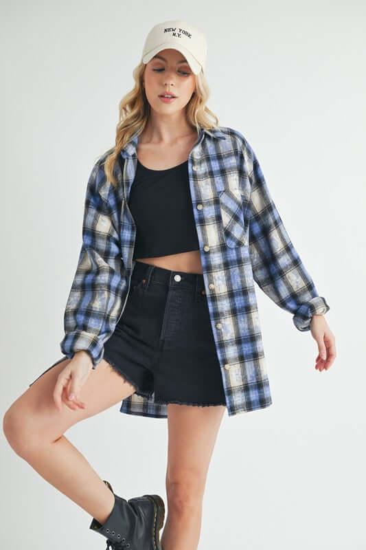 Aemi + Co Washed Plaid Button Up Raglan Sleeve Flannel Shirt