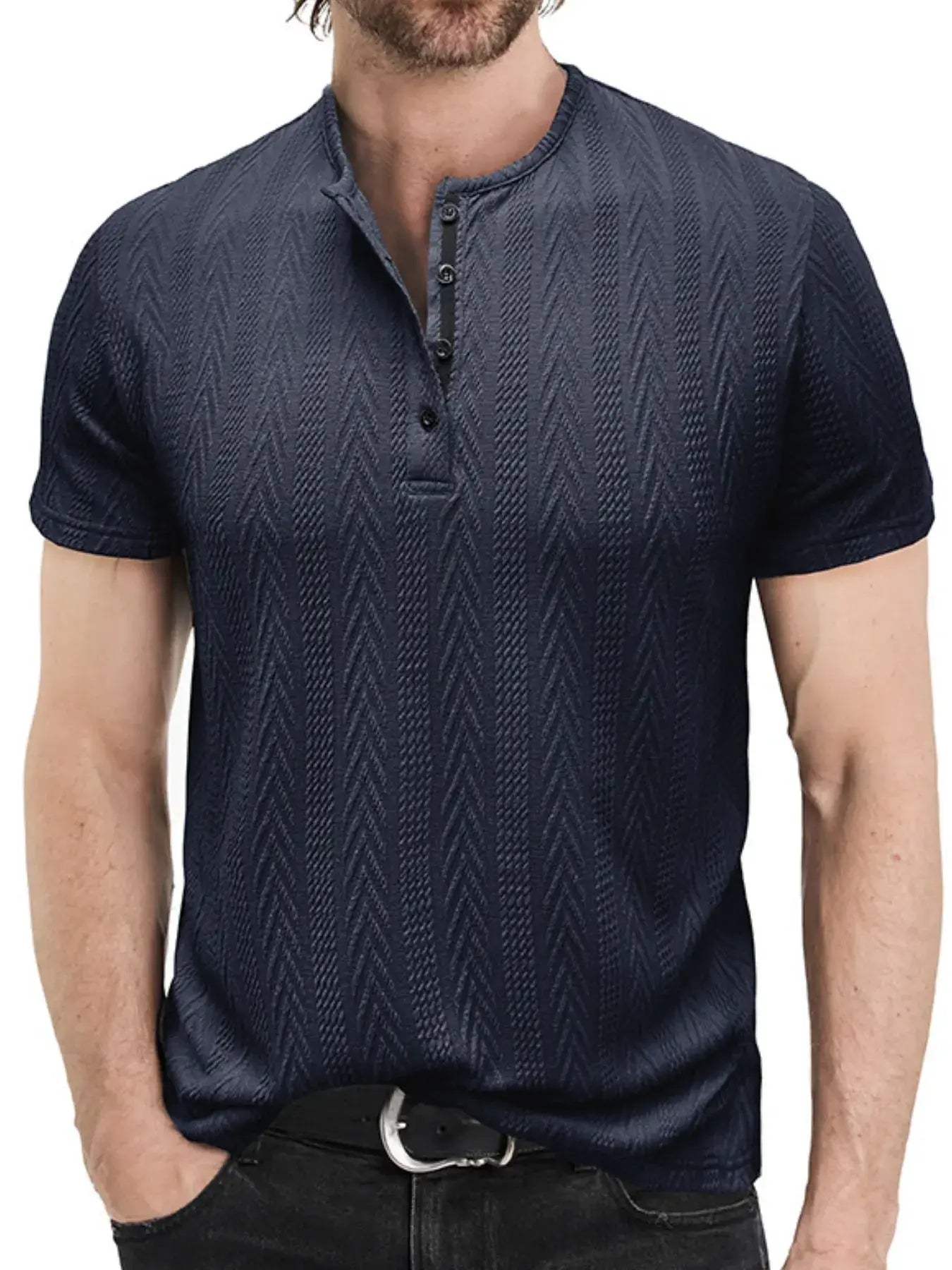 Men's Textured Chevron Pattern Henley Polo Shirt