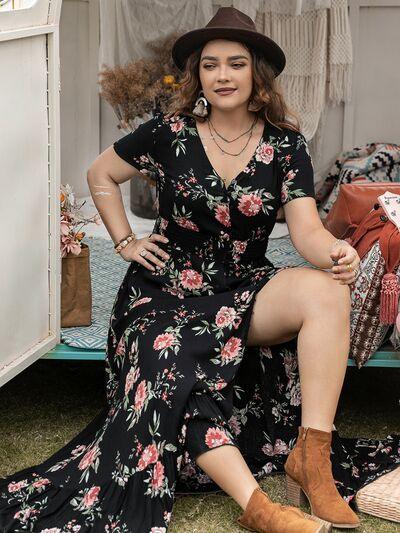 Plus Size Button Detail Printed V-Neck Short Sleeve Maxi Dress - Clothes For Her Online Store